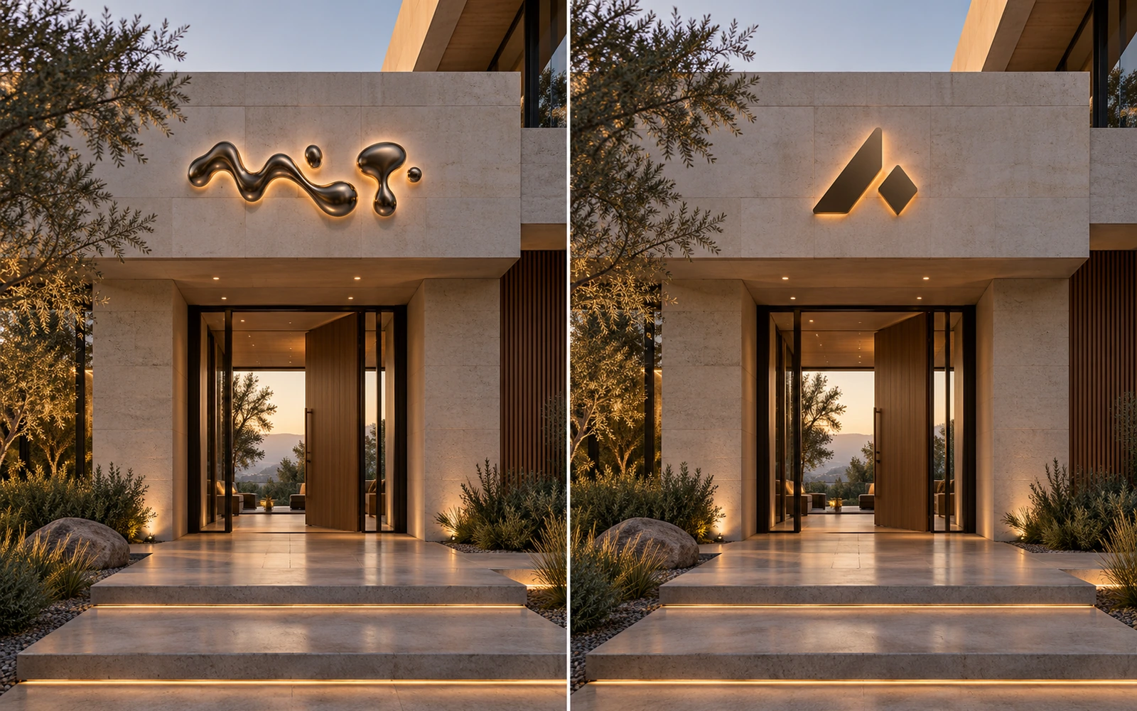 Left: AI signage with warped, misspelled lettering. Right: 3D render with crisp correct brand signage