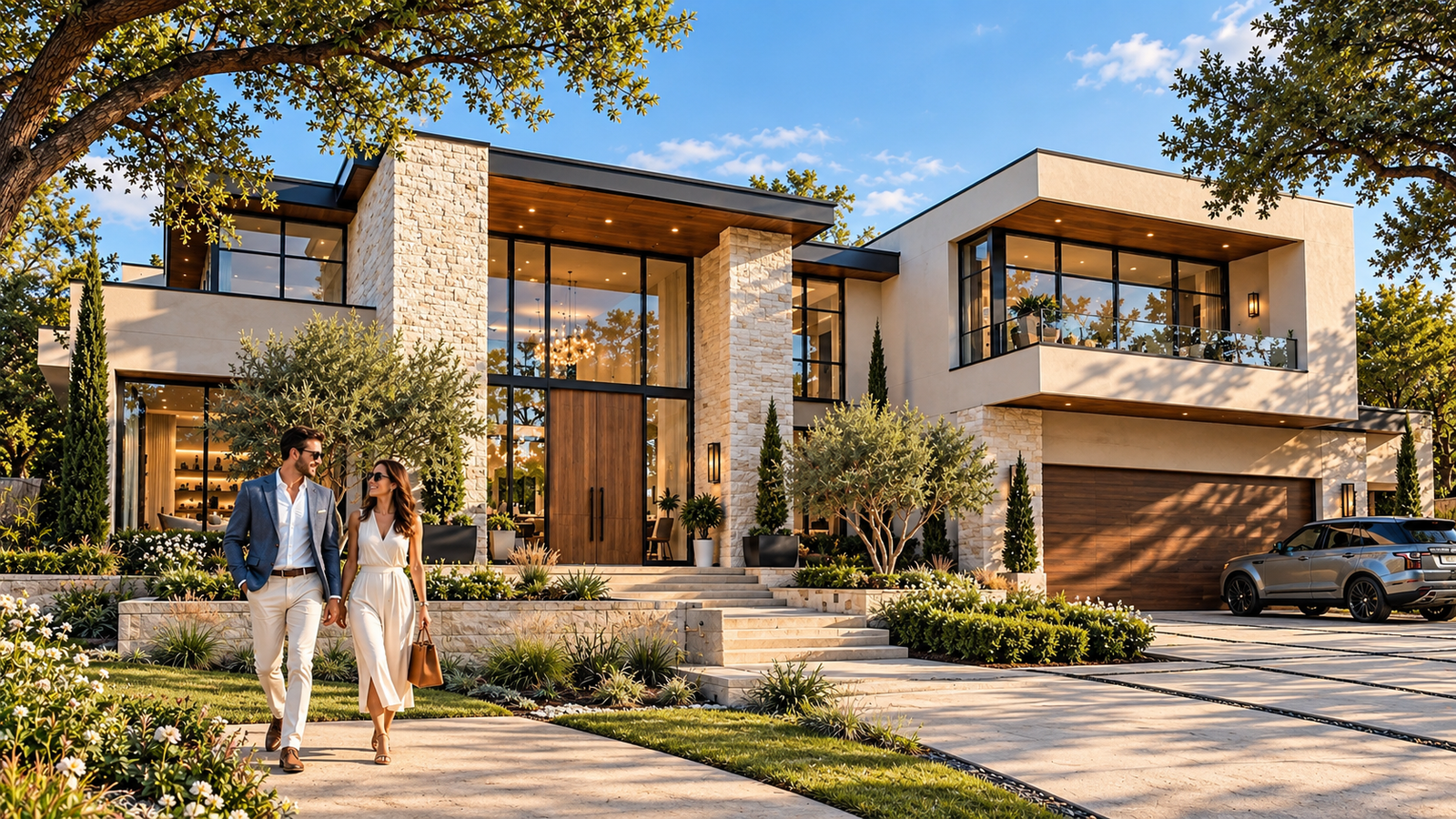 Stylish couple at modern villa 3D exterior rendering in Dallas — 3D House Exterior Visualization Dallas