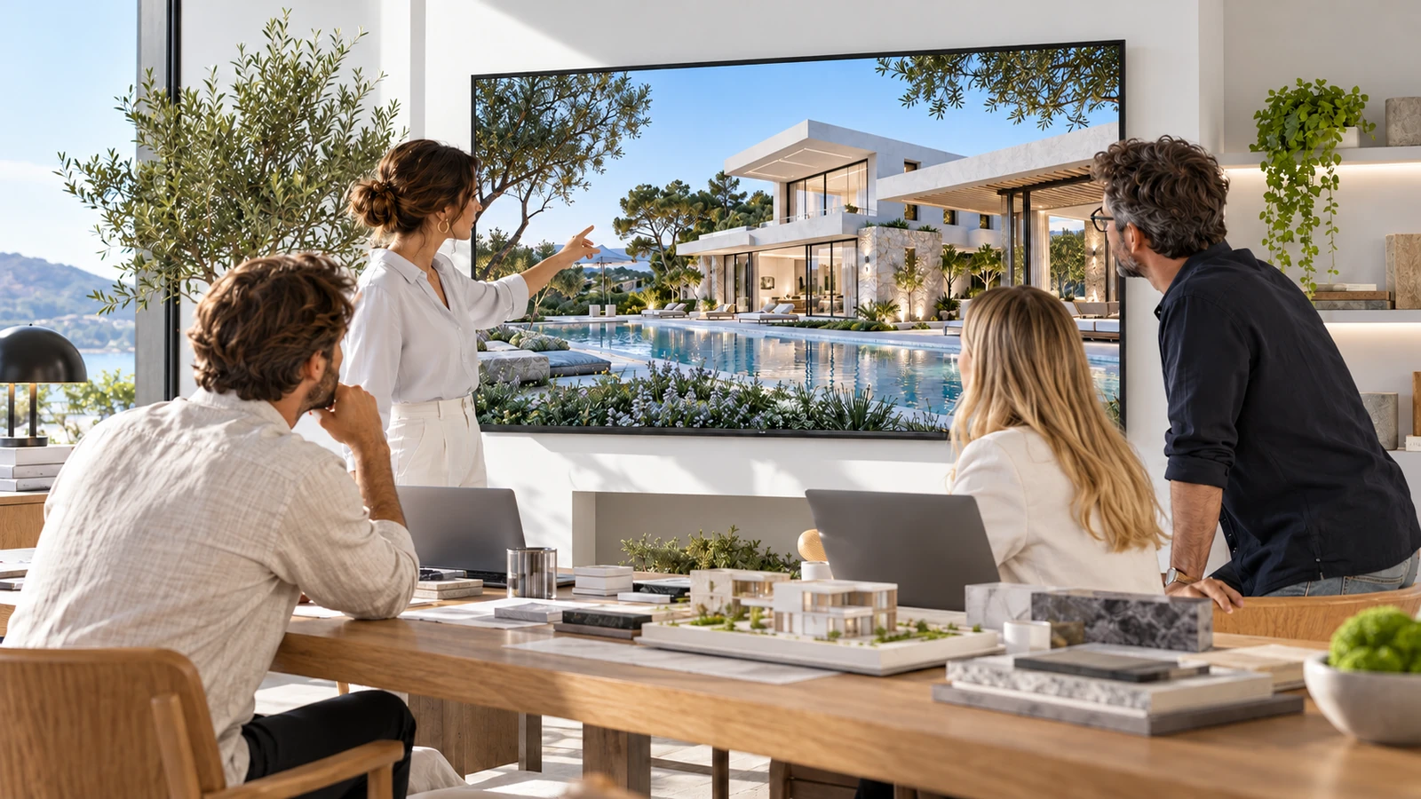 Four design professionals reviewing a luxury villa rendering on a large studio screen