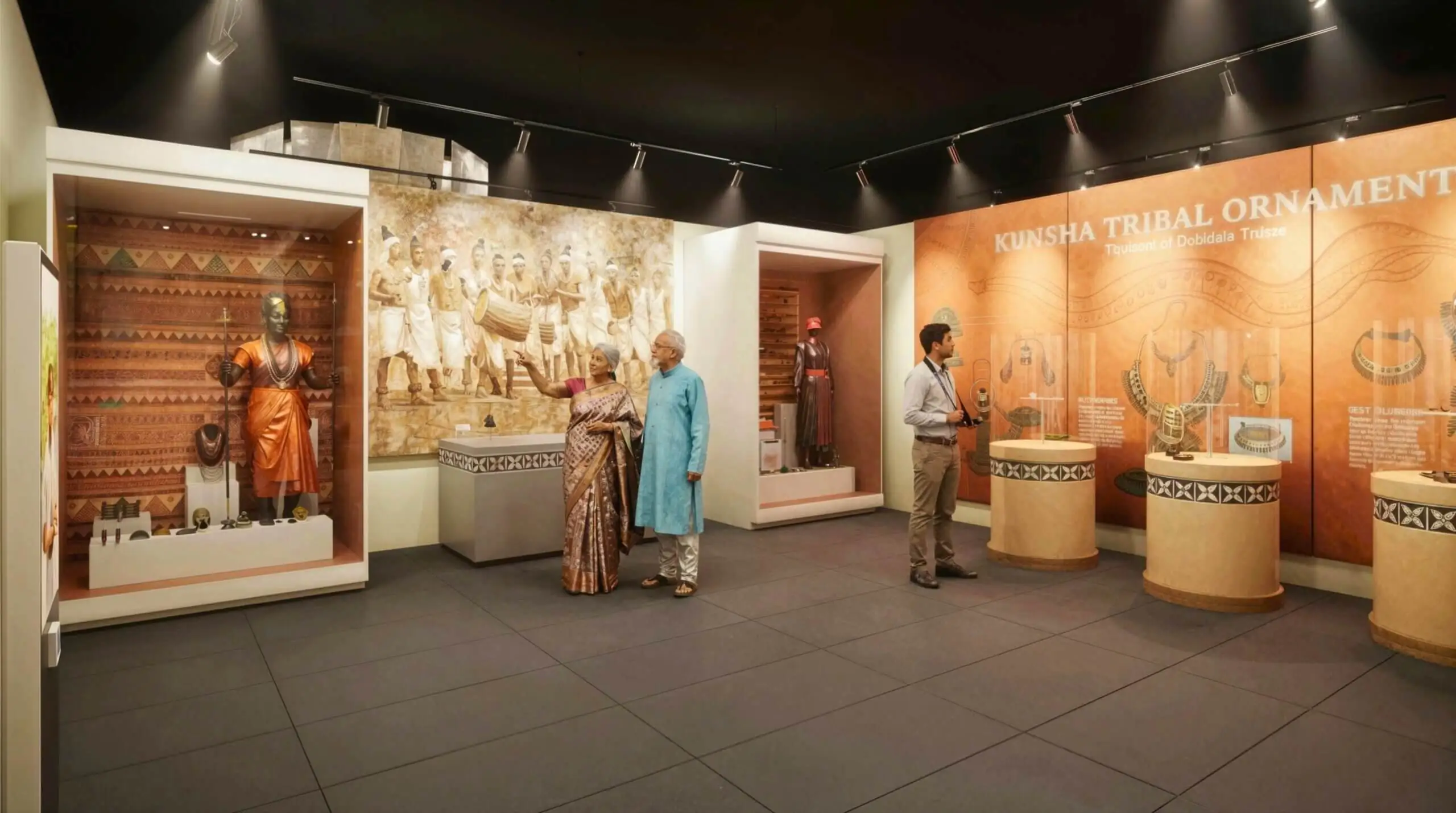 museum interior 3D rendering with tribal ornament exhibition, display pedestals, cultural artifacts, and visitors exploring gallery