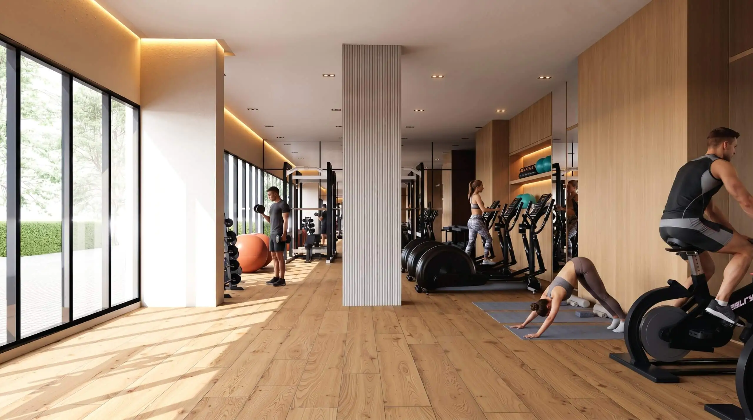 Modern residential gym interior with premium fitness equipment and natural daylight created using 3D interior visualization services in Dubai.