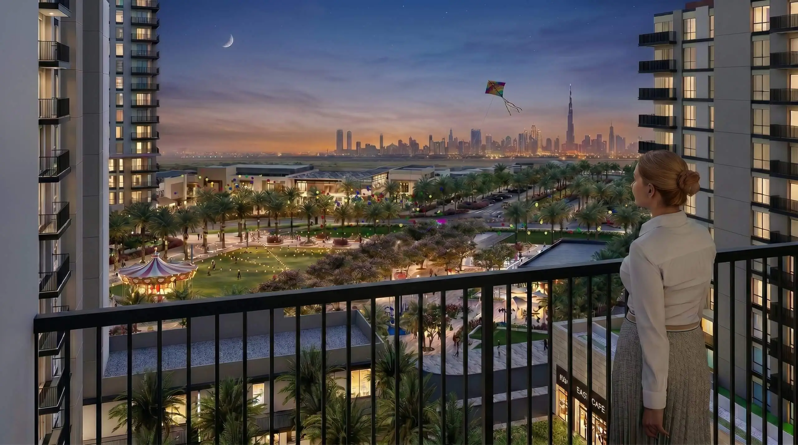 Luxury apartment balcony overlooking Dubai skyline with landscaped community and evening city lights rendered in photorealistic 3D.