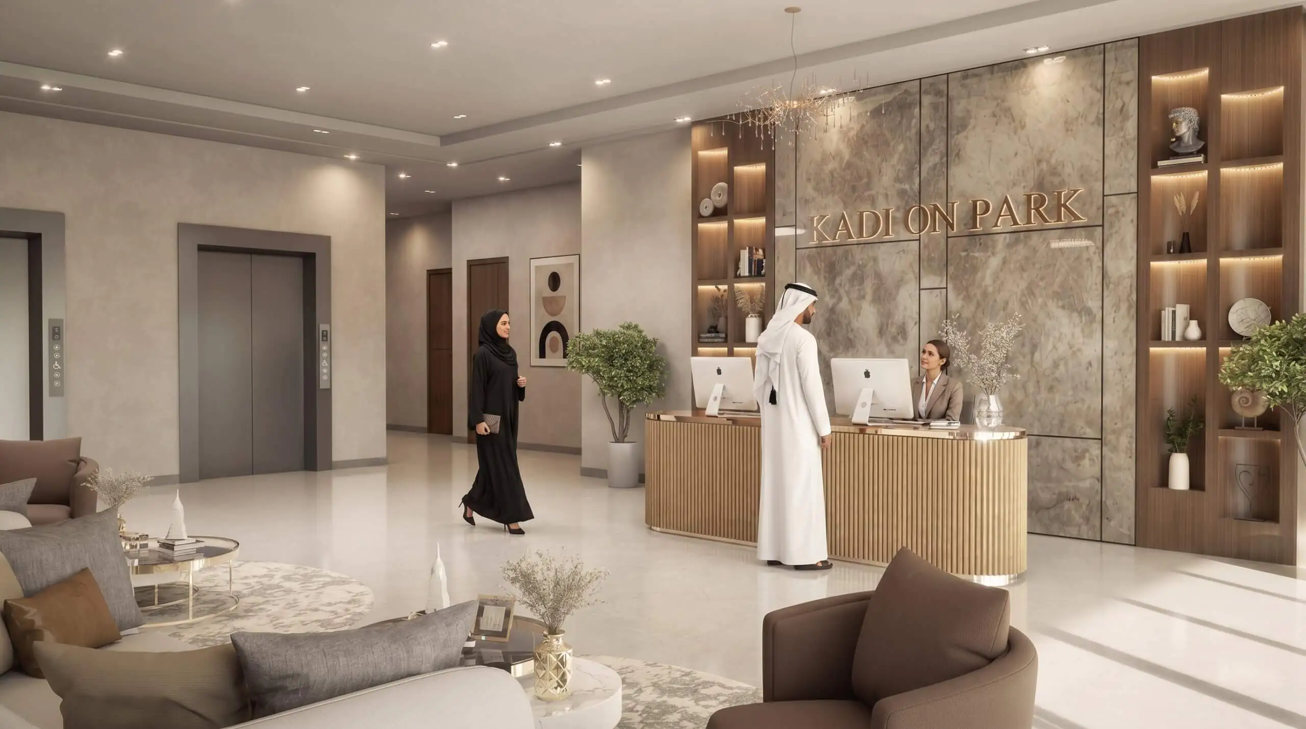 Luxury apartment lobby interior rendering with reception desk, marble finishes, and premium hospitality-inspired design in Dubai UAE.