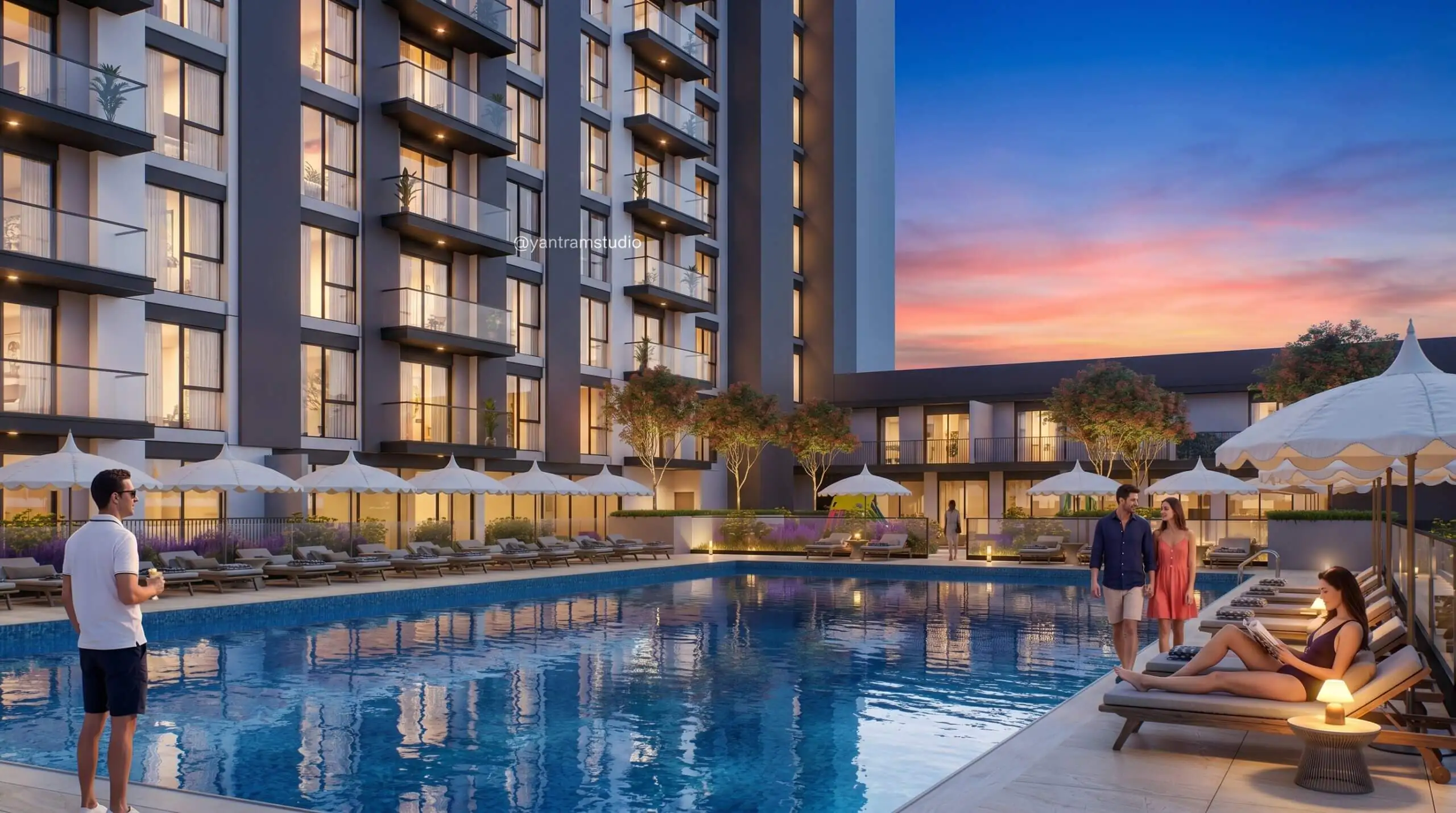 Luxury residential swimming pool with resort-style deck, loungers, landscaped surroundings, and sunset ambiance created through 3D rendering.