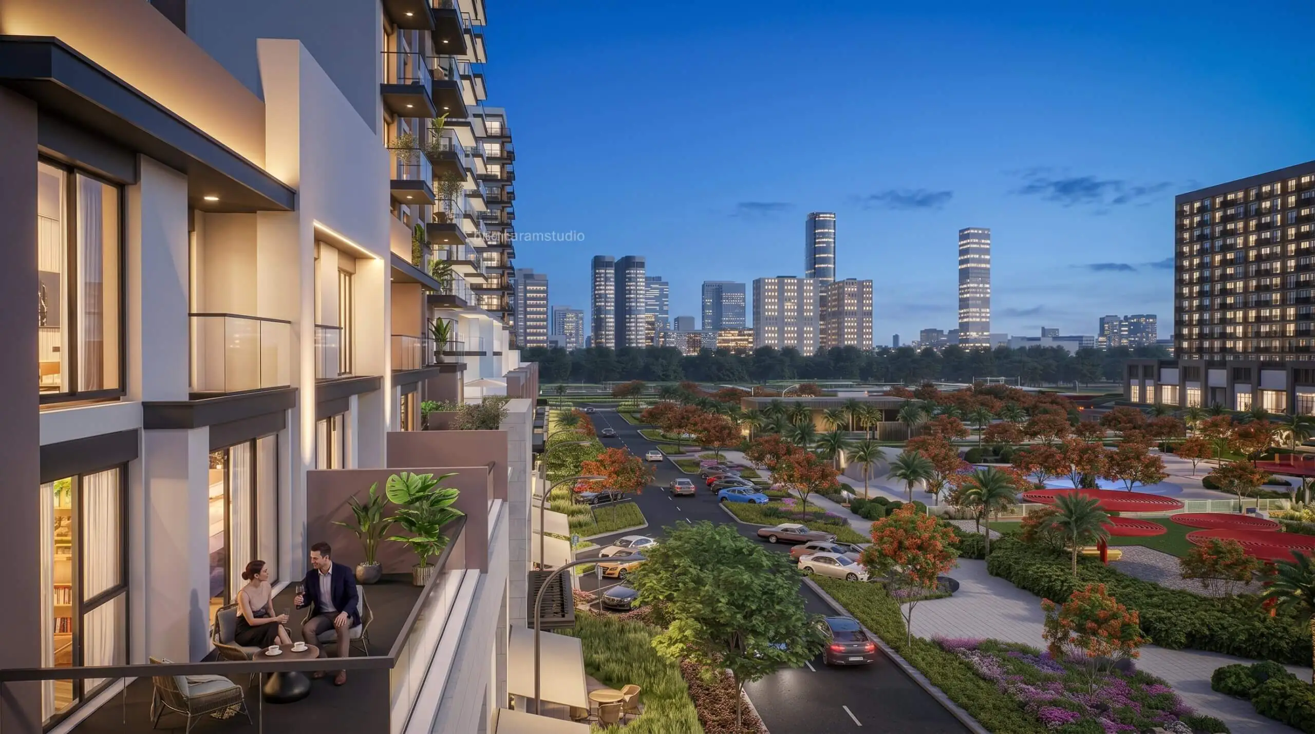 Modern apartment balcony overlooking landscaped parks, luxury residences, and urban skyline rendered in realistic 3D visualization.
