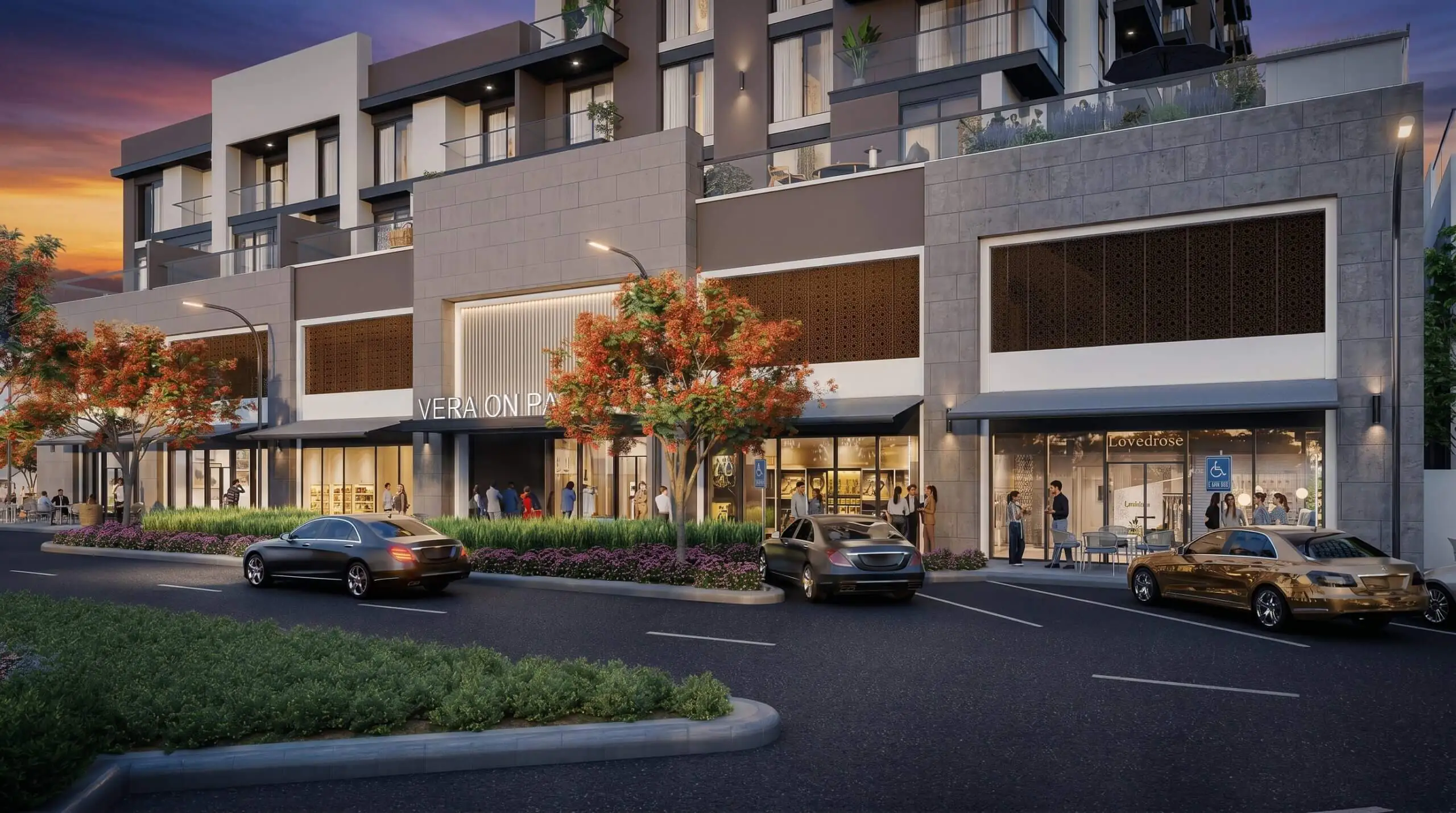 Luxury retail podium with commercial storefronts beneath residential apartments rendered using photorealistic 3D architectural visualization in Dubai.
